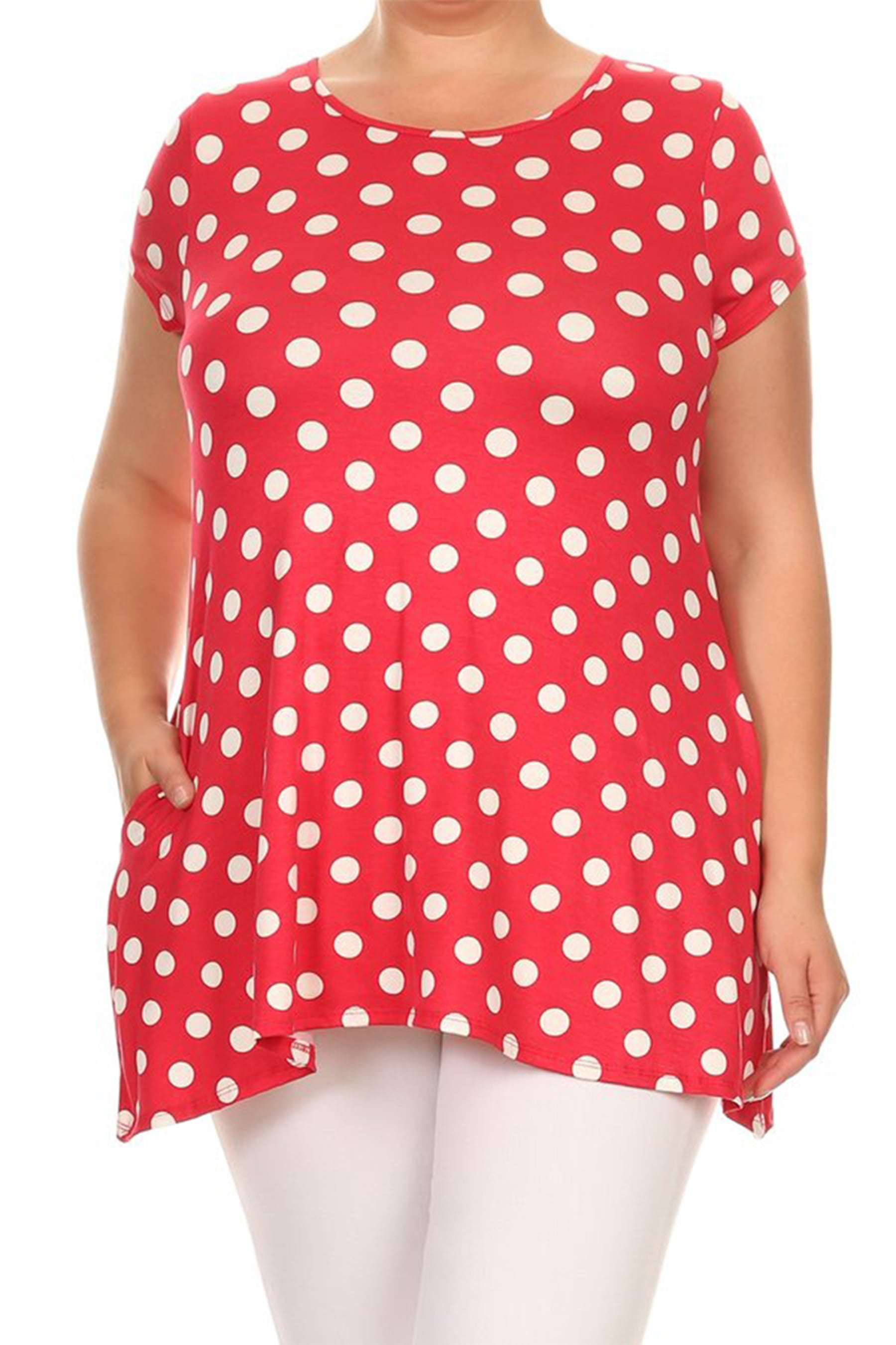 Women's Plus Size trendy style casual Polka Dot short sleeve side pocket tunic top.